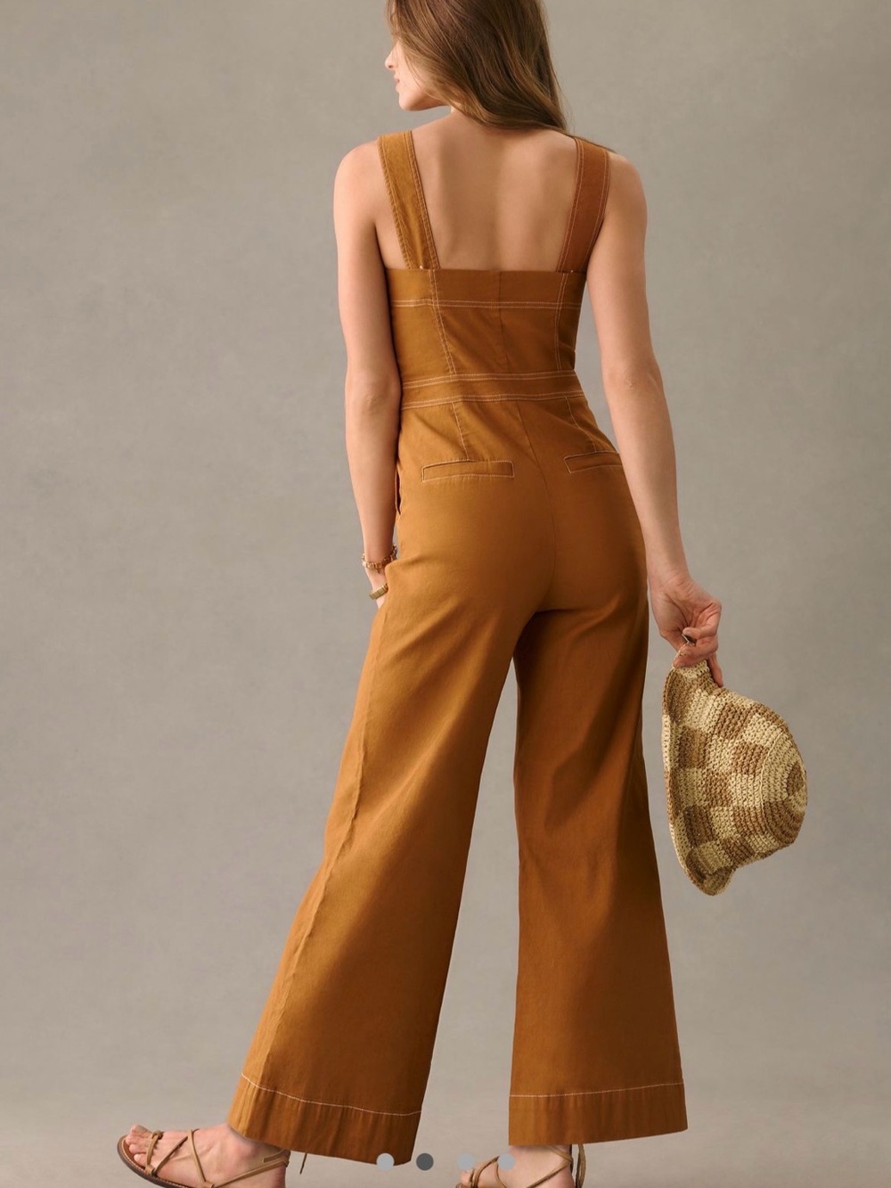 Anthropologie Camel Portside Button-Front Sleeveless Square-Neck Jumpsuit - Picture 4 of 9